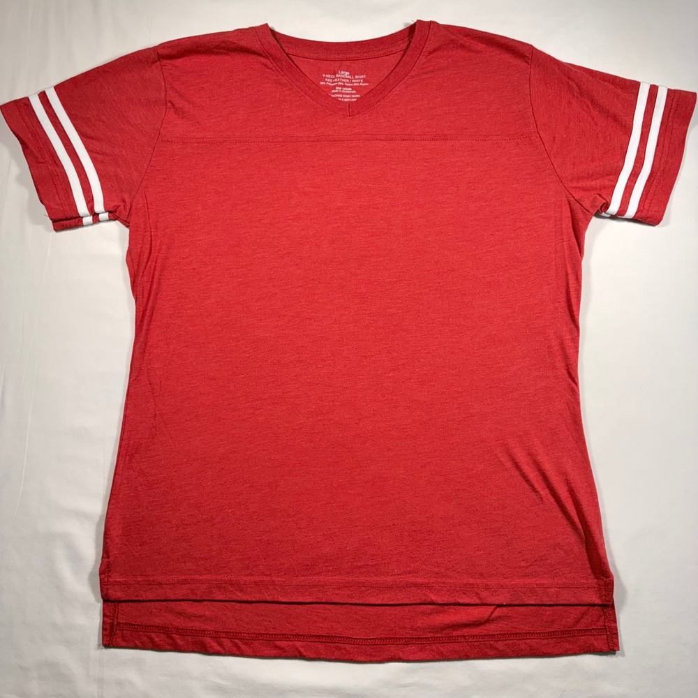 Red Heather V-Neck Unisex Baseball Shirt White Sleeve Stripes Large